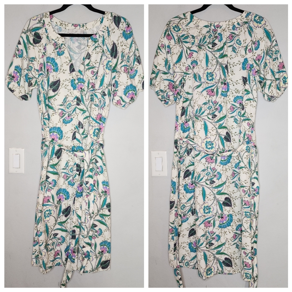 Ann Taylor Loft Linen Floral V-Neck Puff Sleeve Midi Dress Size MP Belted - Picture 15 of 16